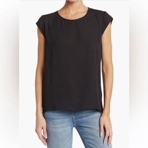 DR2 Daniel Rainn Cap Sleeve Hi-Lo Pleated Back Blouse Black Small